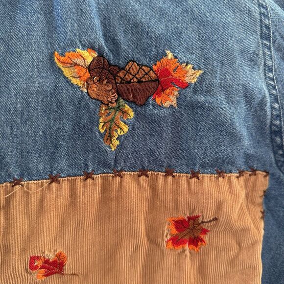 Vintage Cottagecore Fall Autumn Embroidered Patchwork Denim Jacket XL Pumpkin 90 - Picture 10 of 16